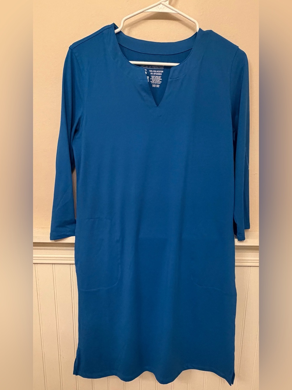 Sun Protection Blue V-Neck Mini Dress with 3/4 Sleeves